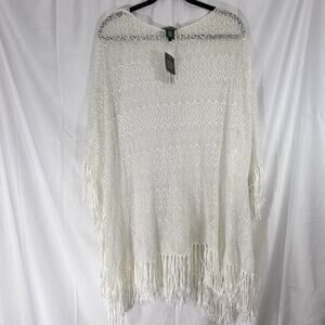 NWT Lauren Ralph Lauren White Cotton Lace Shawl Wrap Fringe Boho Resort S/M